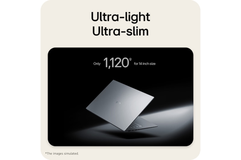 'An LG gram laptop displayed at an angled position on a dark background, emphasizing its lightweight 1,120g body designed for a 14-inch size.
