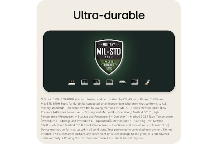 'This image displays a MIL-STD-810H military durability certification badge indicating that the lightweight 14 inch rugged notebook computer has passed seven durability tests. Below the badge, a series of icons visually represents different test conditions, including shock, vibration, temperature variation, dust exposure, and other environmental stress scenarios.