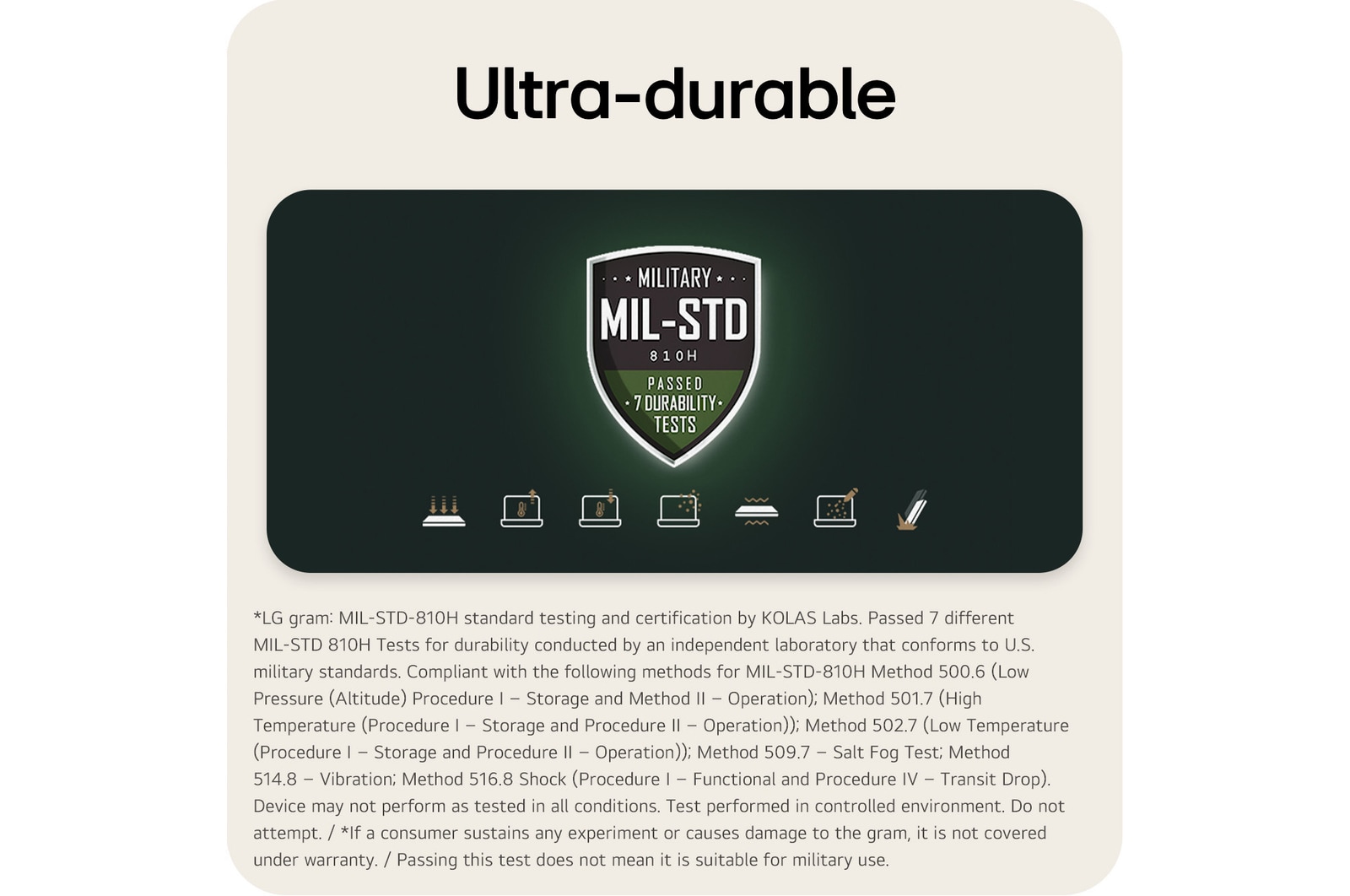 'This image displays a MIL-STD-810H military durability certification badge indicating that the lightweight 14 inch rugged notebook computer has passed seven durability tests. Below the badge, a series of icons visually represents different test conditions, including shock, vibration, temperature variation, dust exposure, and other environmental stress scenarios.