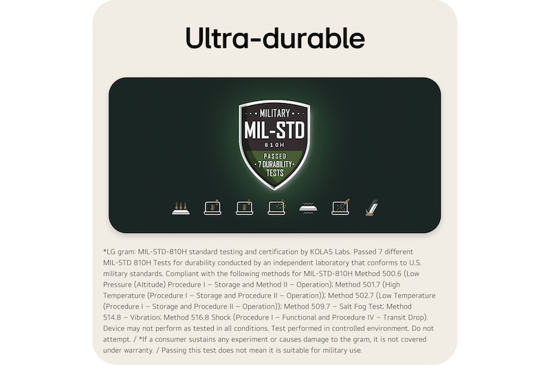'This image displays a MIL-STD-810H military durability certification badge indicating that the lightweight 14 inch rugged notebook computer has passed seven durability tests. Below the badge, a series of icons visually represents different test conditions, including shock, vibration, temperature variation, dust exposure, and other environmental stress scenarios.