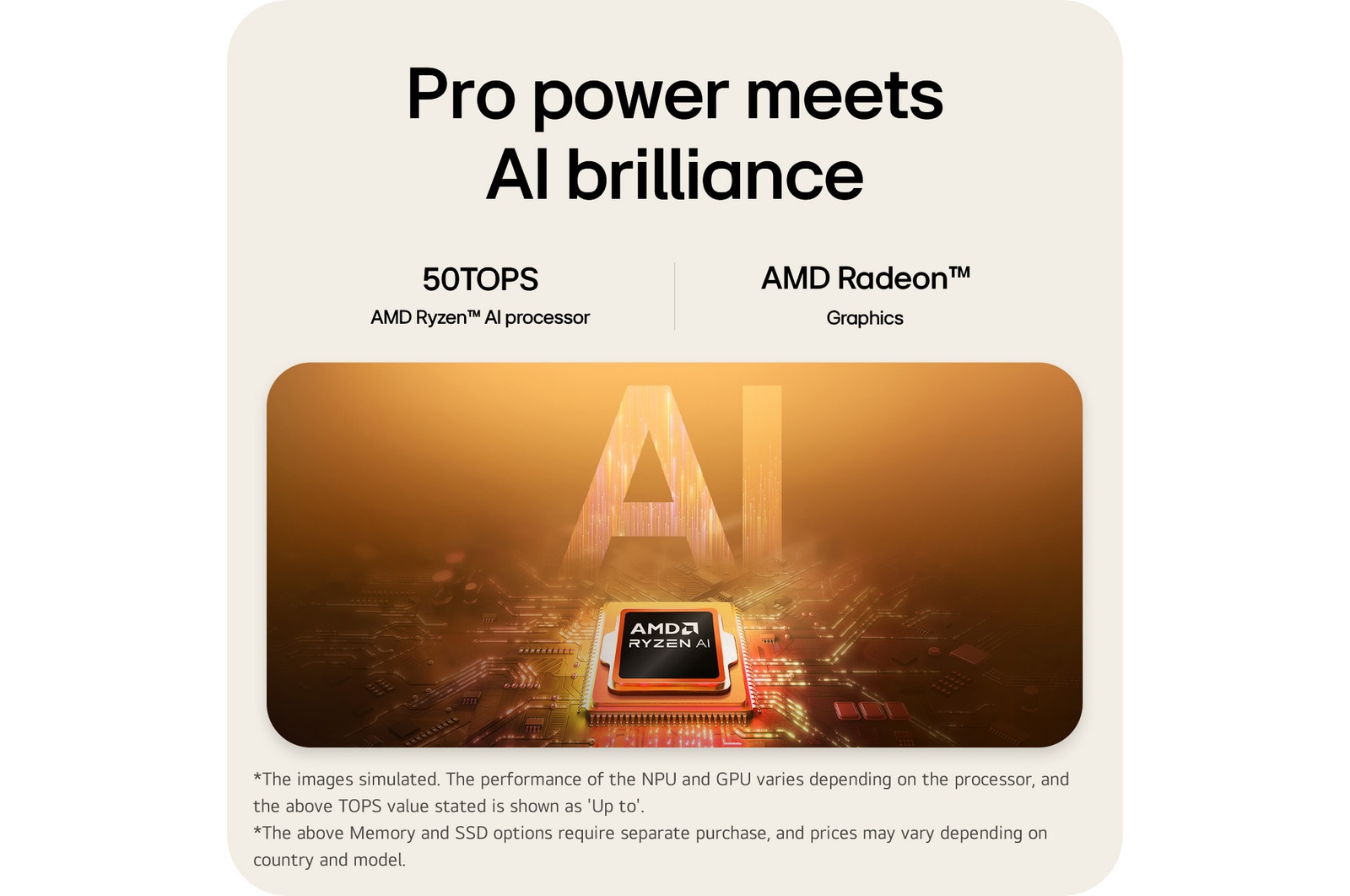'A visual illustration of an AMD Ryzen AI processor placed on a circuit board, symbolizing AI performance. The image highlights up to 50 TOPS processing capability and AMD Radeon Graphics, represented through a glowing AI-themed graphic background.
