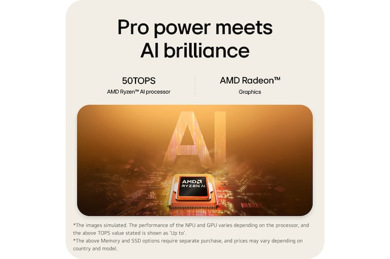 'A visual illustration of an AMD Ryzen AI processor placed on a circuit board, symbolizing AI performance. The image highlights up to 50 TOPS processing capability and AMD Radeon Graphics, represented through a glowing AI-themed graphic background.
