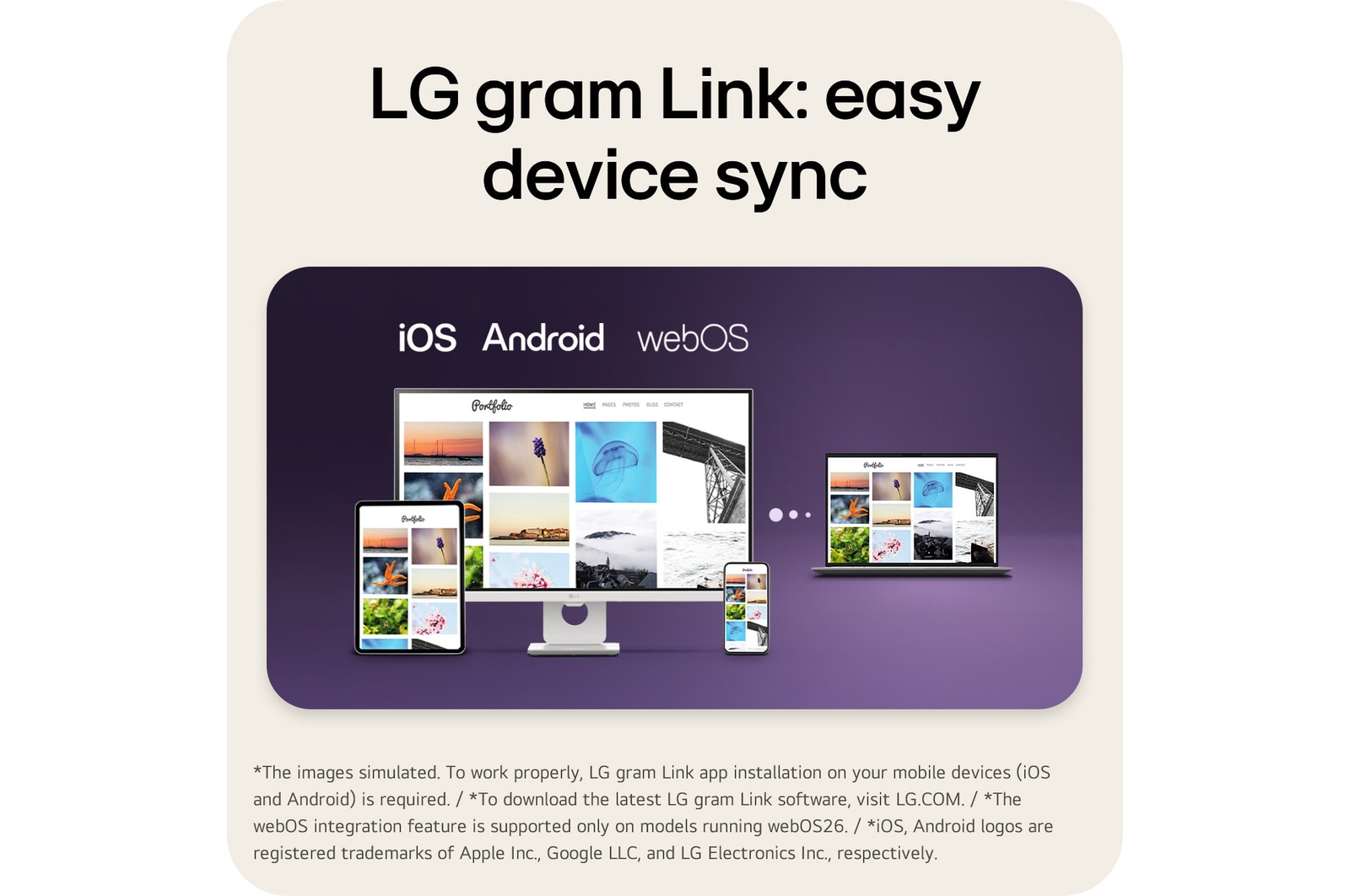'A multi-device connectivity scene showing LG gram Link in use across different platforms. A desktop monitor, laptop, tablet, and smartphone display the same photo gallery interface, illustrating seamless device synchronization across iOS, Android, and webOS environments.