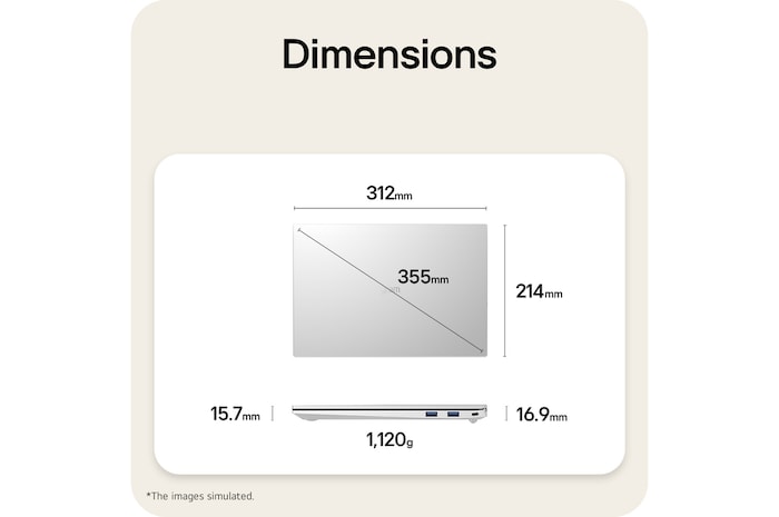A dimension diagram of the LG gram laptop showing its physical size and weight. The image displays a width of 312mm, depth of 214.3mm, diagonal length of 355mm, thickness ranging from 15.6mm to 16.9mm, and a weight of 1,120g.