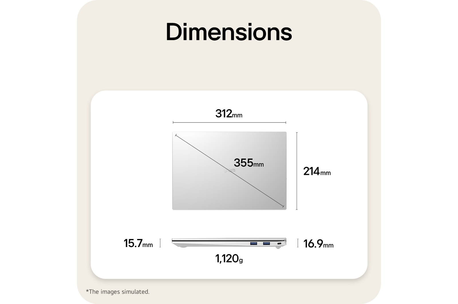 A dimension diagram of the LG gram laptop showing its physical size and weight. The image displays a width of 312mm, depth of 214.3mm, diagonal length of 355mm, thickness ranging from 15.6mm to 16.9mm, and a weight of 1,120g.