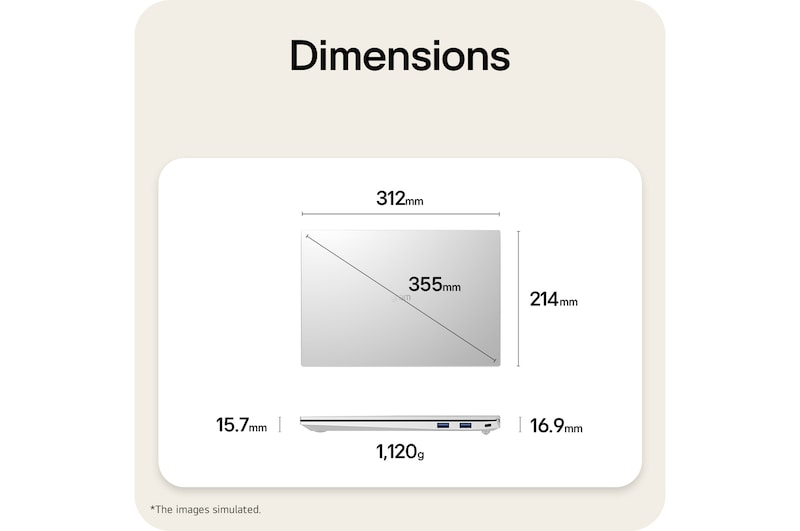 A dimension diagram of the LG gram laptop showing its physical size and weight. The image displays a width of 312mm, depth of 214.3mm, diagonal length of 355mm, thickness ranging from 15.6mm to 16.9mm, and a weight of 1,120g.