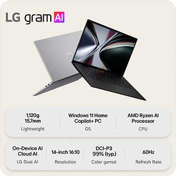'A floating LG gram Pro AI laptop shown from multiple angles, highlighting its slim and lightweight design. The image presents key features including 1,120 g weight, 15.7 mm thin body, Windows 11 Home Copilot+ PC, AMD Ryzen AI processor, on-device and cloud AI support, a 14-inch 16:10 display, DCI-P3 99% color gamut, and a variable refresh rate of 60 Hz.