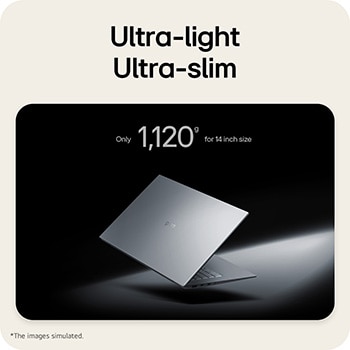 'An LG gram laptop displayed at an angled position on a dark background, emphasizing its lightweight 1,120g body designed for a 14-inch size.