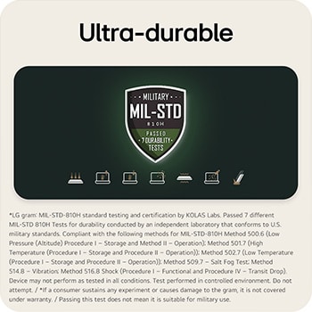 'This image displays a MIL-STD-810H military durability certification badge indicating that the lightweight 14 inch rugged notebook computer has passed seven durability tests. Below the badge, a series of icons visually represents different test conditions, including shock, vibration, temperature variation, dust exposure, and other environmental stress scenarios.