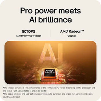'A visual illustration of an AMD Ryzen AI processor placed on a circuit board, symbolizing AI performance. The image highlights up to 50 TOPS processing capability and AMD Radeon Graphics, represented through a glowing AI-themed graphic background.