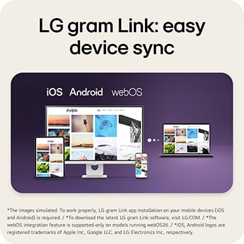 'A multi-device connectivity scene showing LG gram Link in use across different platforms. A desktop monitor, laptop, tablet, and smartphone display the same photo gallery interface, illustrating seamless device synchronization across iOS, Android, and webOS environments.