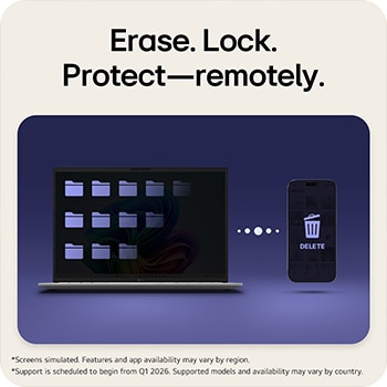 This image shows an LG gram laptop displaying folders alongside a connected phone with a delete icon, illustrating remote erase, lock, and protection features that allow securing laptop data from a mobile device.