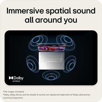 A top-down view of an LG gram laptop surrounded by circular sound wave graphics. The image visually represents immersive spatial audio, with Dolby Atmos branding shown on the lower corner of the scene.