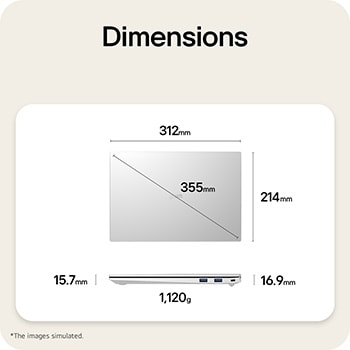 A dimension diagram of the LG gram laptop showing its physical size and weight. The image displays a width of 312mm, depth of 214.3mm, diagonal length of 355mm, thickness ranging from 15.6mm to 16.9mm, and a weight of 1,120g.