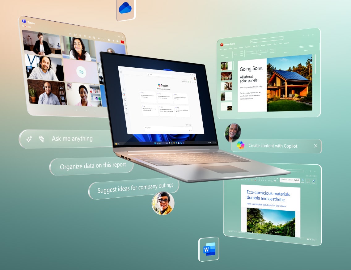 This image shows a laptop displaying a clear Windows 11 screen on a gradient background with a copy of "Upgrade your Efficiency."