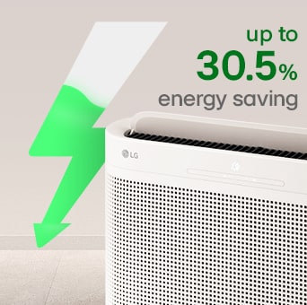 Energy-efficient LG air purifier highlighting a 30.5% reduction in power consumption.