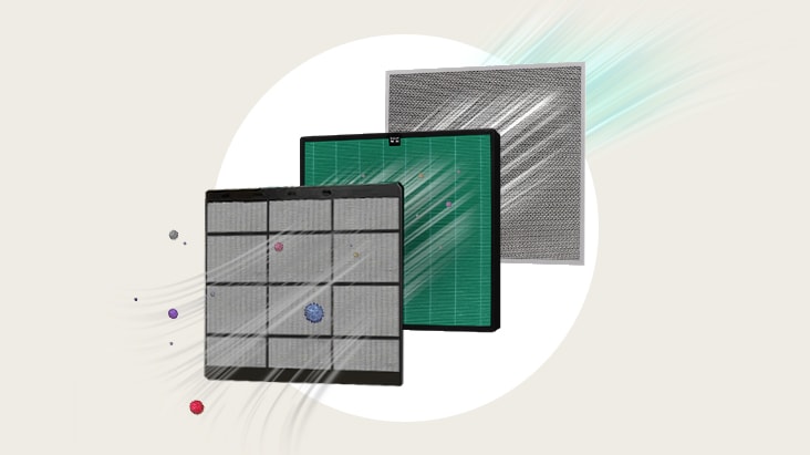 Multi-stage filtration system of an LG air purifier showing different layers capturing dust and particles.