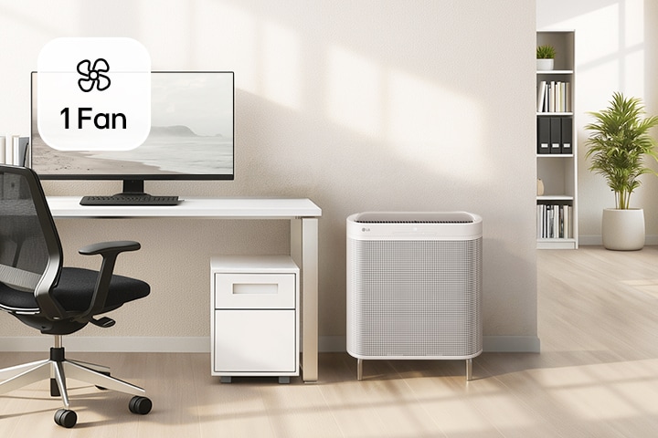 An LG air purifier with a single fan system in a bright, minimalist home office featuring a white desk and chair.