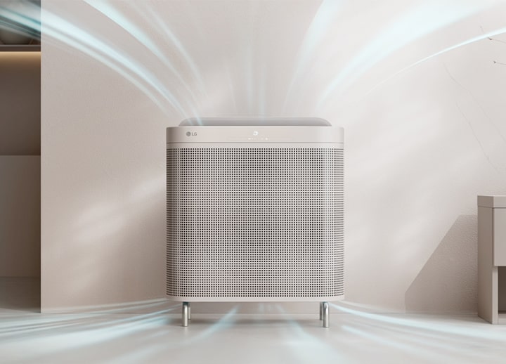 LG air purifier in a serene, neutral-toned room with artistic light rays showing 360-degree air movement.
