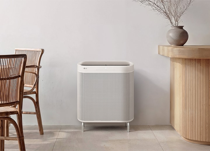 LG air purifiers shown in two styles: a floor-standing model with legs and a sleek wall-mounted version.