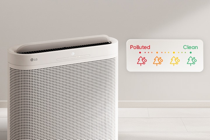 LG air purifier in an office, featuring a color-coded indicator for air quality from polluted to clean.