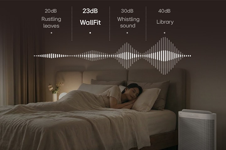 An LG air purifier in a quiet bedroom, highlighting its low 23dB noise level for a peaceful sleep.