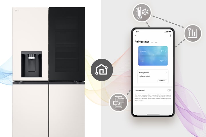 lg multi door refrigerator with instaview feature with lg thinq mobile applcation on the side.