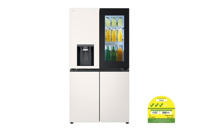 LG multi door refrigerator in beige with InstaView glass panel and water dispenser front view