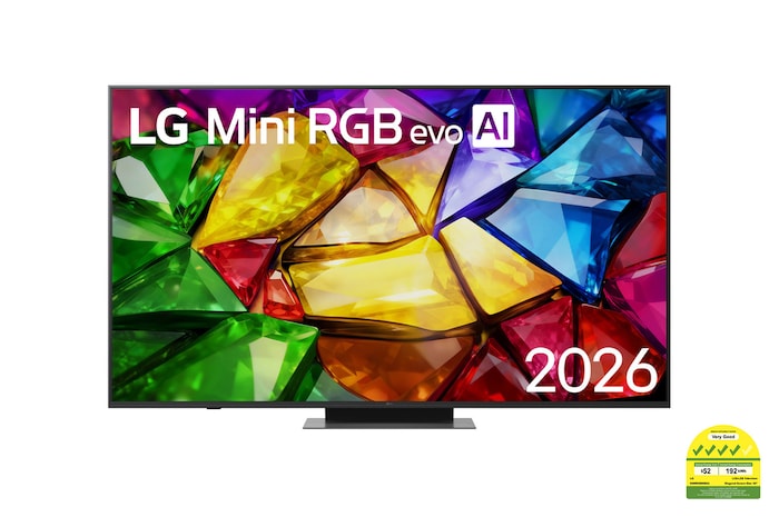 The front view of LG Mini RGB evo AI MRGB85, released in 2026, features a slim black bezel with short feet, while a vivid, crystalline image of sharply defined multicolored facets fills the screen.