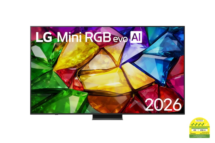 The front view of LG Mini RGB evo AI MRGB85, released in 2026, features a slim black bezel with short feet, while a vivid, crystalline image of sharply defined multicolored facets fills the screen.