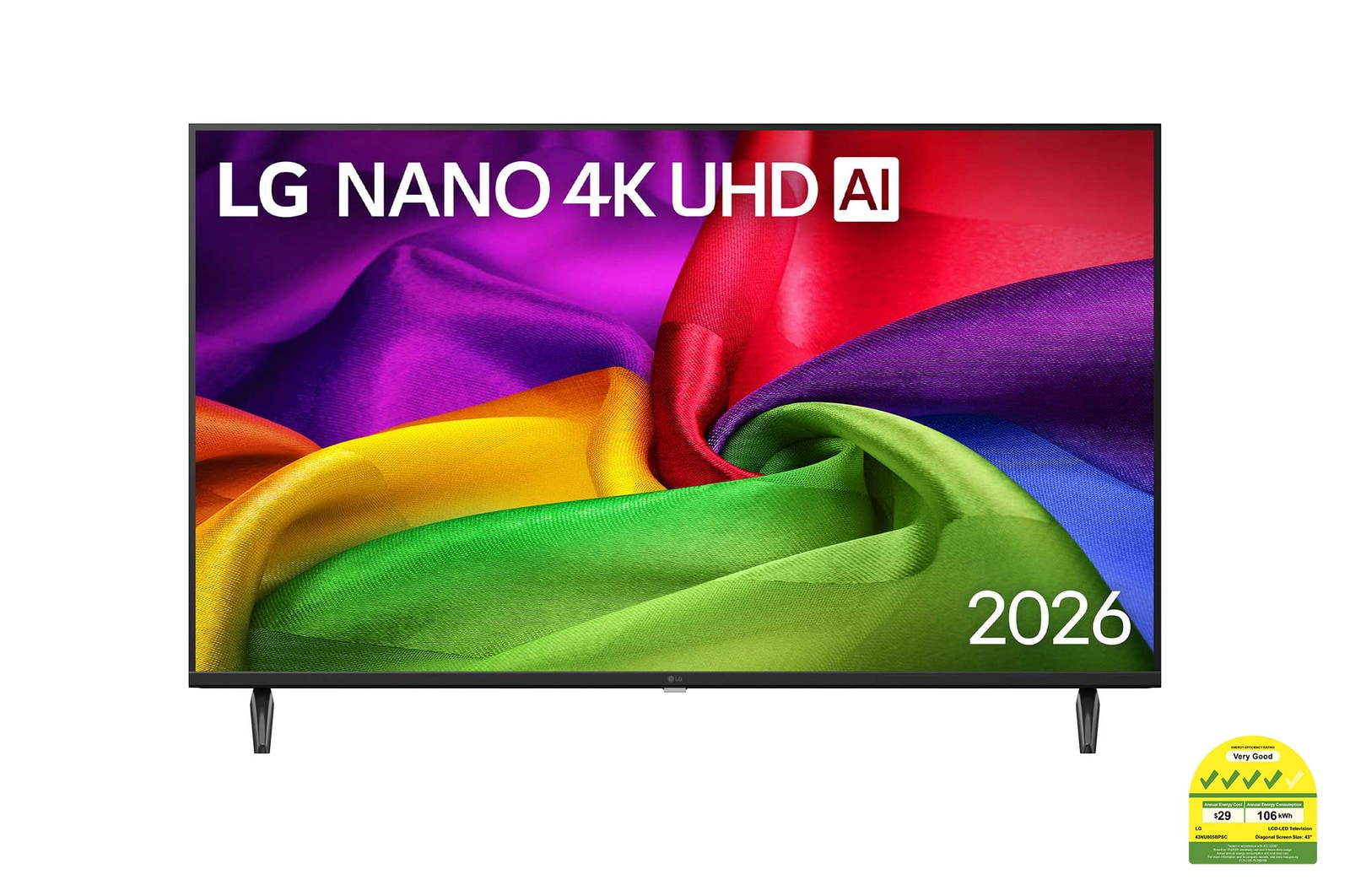 Front view of 43 Inch LG NANO 4K UHD AI NU80 Smart TV 2026 43NU805BPSC