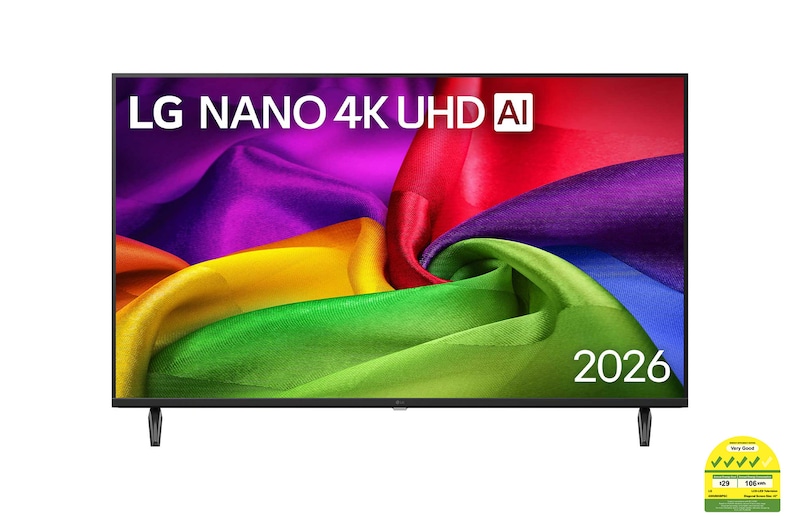 Front view of 43 Inch LG NANO 4K UHD AI NU80 Smart TV 2026 43NU805BPSC