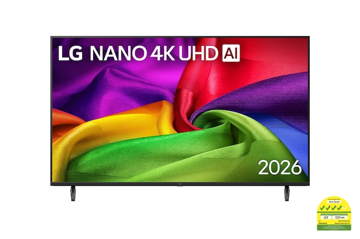 The front view of LG NANO 4K UHD AI NU80, released in 2026, fills the screen with richly textured, fabric-like color layers, where vibrant multicolored folds intertwine smoothly across the display.