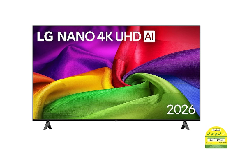 Front view of 65 Inch LG NANO 4K UHD AI NU80 Smart TV 2026 65NU805BPSB