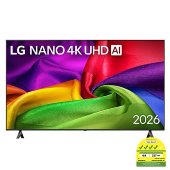 Front view of 65 Inch LG NANO 4K UHD AI NU80 Smart TV 2026 65NU805BPSB