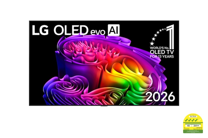 The front view of LG OLED evo AI G6, released in 2026, features a slim black bezel, with a vivid, sculptural image of richly layered, multicolored forms filling the screen.
