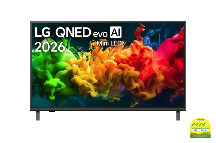 The front view of LG QNED evo AI QNED80 Mini LED, released in 2026, fills the screen with vivid, fluid flows of multicolored, paint-like motion, as richly layered colors spread smoothly across the display.