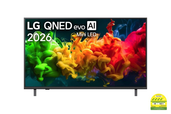 The front view of LG QNED evo AI QNED80 Mini LED, released in 2026, fills the screen with vivid, fluid flows of multicolored, paint-like motion, as richly layered colors spread smoothly across the display.