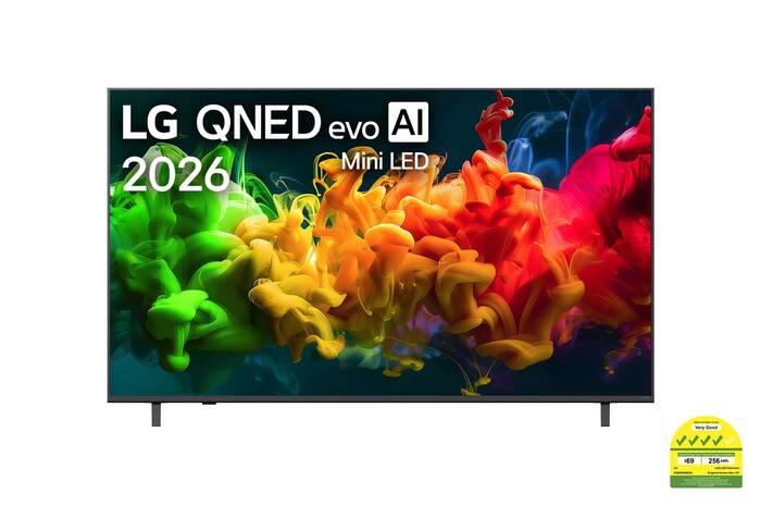 The front view of LG QNED evo AI QNED80 Mini LED, released in 2026, fills the screen with vivid, fluid flows of multicolored, paint-like motion, as richly layered colors spread smoothly across the display.