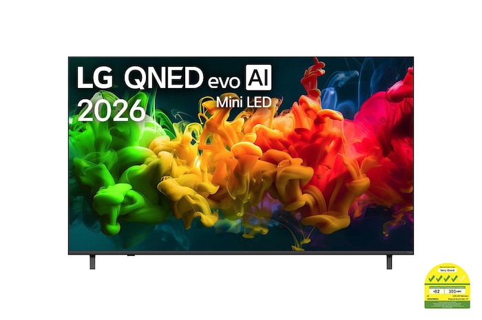 The front view of LG QNED evo AI QNED80 Mini LED, released in 2026, fills the screen with vivid, fluid flows of multicolored, paint-like motion, as richly layered colors spread smoothly across the display.