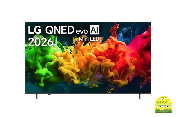 The front view of LG QNED evo AI QNED80 Mini LED, released in 2026, fills the screen with vivid, fluid flows of multicolored, paint-like motion, as richly layered colors spread smoothly across the display.