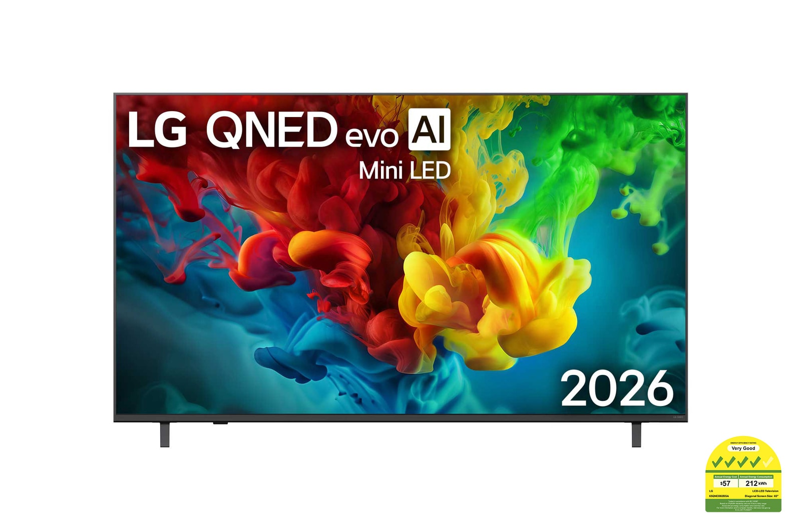 Front view of 65 inch LG QNED evo AI QNED82 Mini LED 4K Smart TV 2026 65QNED82BSA