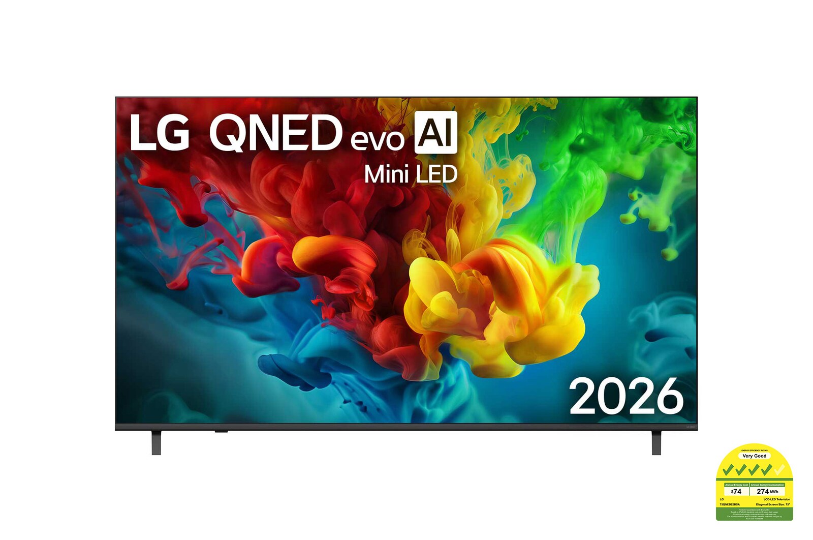 Front view of 75 inch LG QNED evo AI QNED82 Mini LED 4K Smart TV 2026 75QNED82BSA