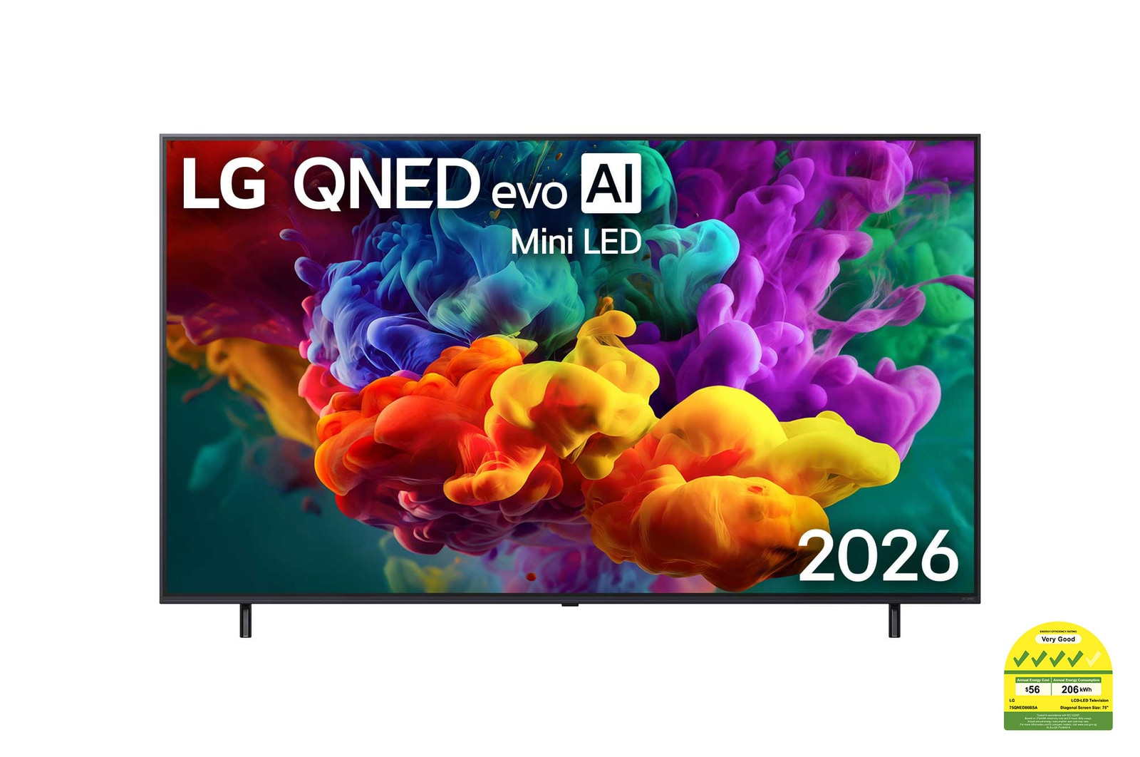 Front view of 75 inch LG QNED evo AI QNED86 Mini LED 4K Smart TV 2026 75QNED86BSA