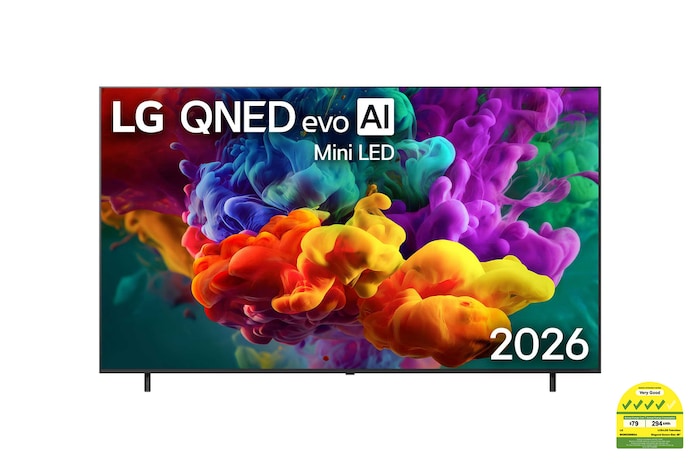 The front view of LG QNED evo AI QNED86 Mini LED, released in 2026, fills the screen with vivid, fluid bursts of multicolored, paint-like motion, as dense clouds of color blend seamlessly across the display.