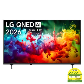 The front view of LG QNED AI QNED70 Mini LED, released in 2026, fills the screen with vivid, fluid splashes of multicolored motion, as finely layered colors disperse smoothly across the display.