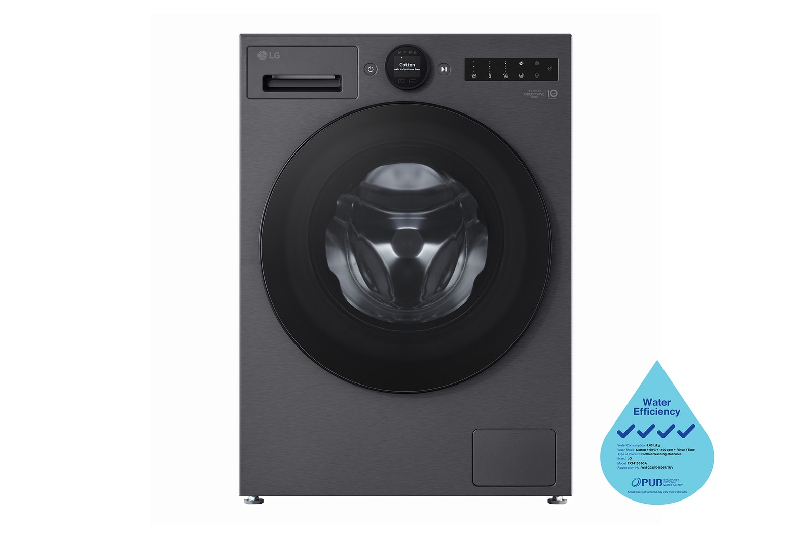 Front view of 10kg, AI Direct Drive Front Load Washing Machine in Essence Graphite FX1410S3GA