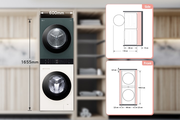 Washing machine size 600 mm wide length 1655 mm, side view space margin 10 cm, washing machine cross section 66 cm, cross section + door 118 cm, front view upper space margin 2.5 cm, both side space margin 2.5