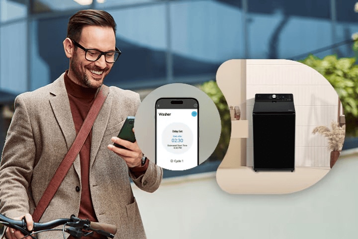 A man remotely controlling the LG top load washing machine through a ThinQ® app