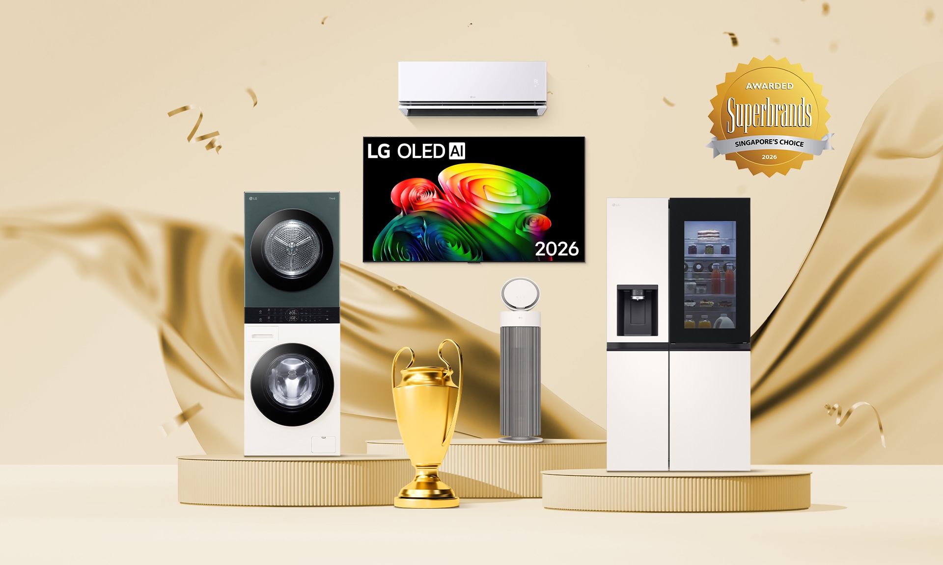 A collection of LG home appliances and the Superbrands Singapore's Choice 2026 award for the third consecutive year.